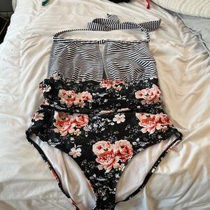 Eo Menie Black Floral & Striped One-Piece Swimsuit